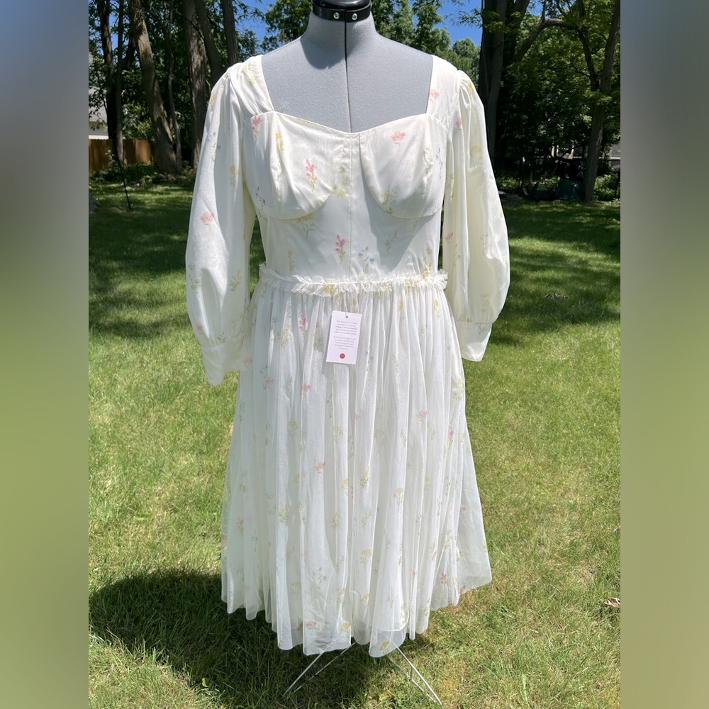 Ivy City Co White Midi Dress with Pastel Floral Print